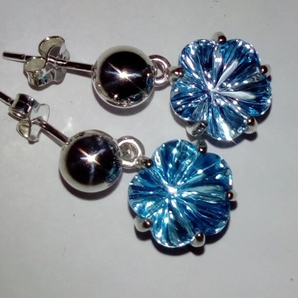 Stunning Flower Carved Natural Sky Topaz In Sterling Silver Stud Dangle Earrings - Picture 3 of 10